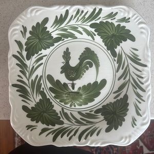 COLLECTIBLE - 9 inch square-Green and cream hand painted rooster plate-“TOILE”